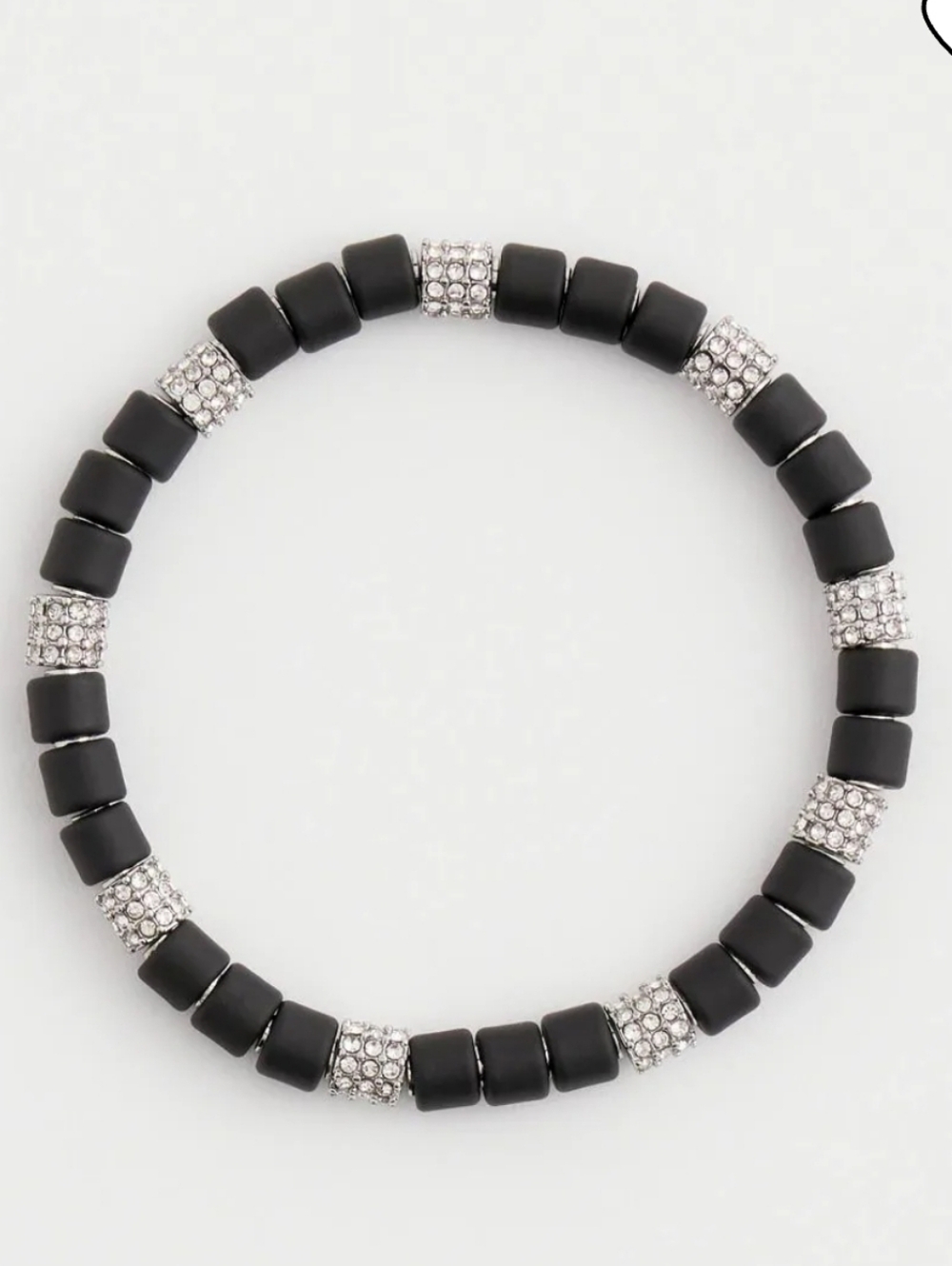 Chico's Black Barrel Bead Stretch Bracelet with Silver Rhinestone Spacers NWT